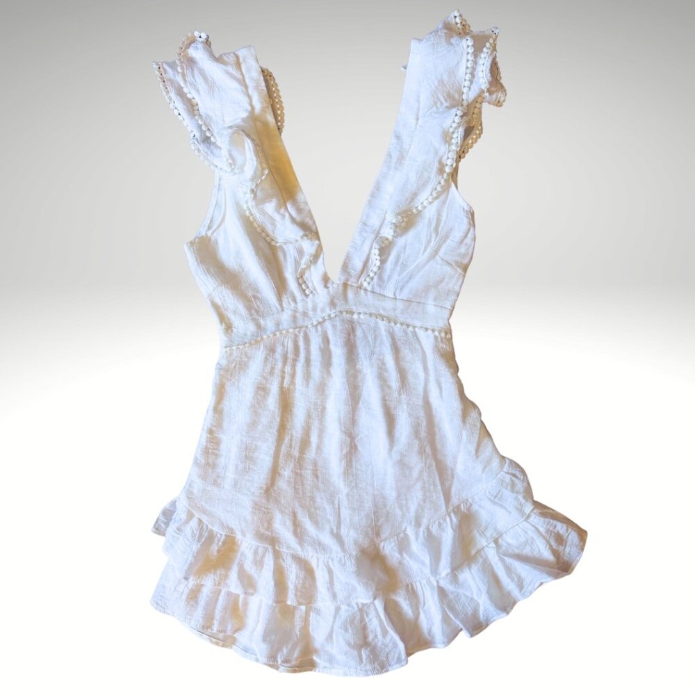 Saints & Secrets White Linen Ruffle Mini Dress – Lace-Up Back (Size Small)